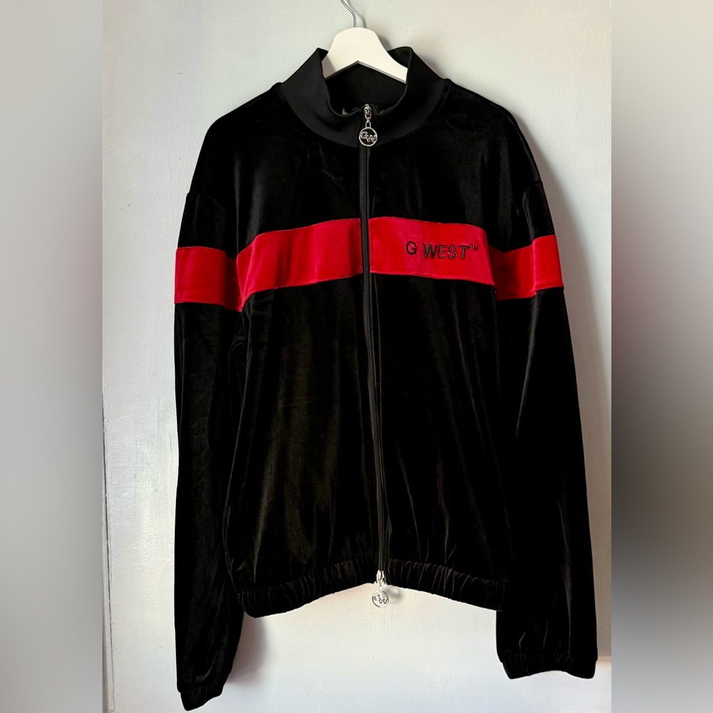 G West Men’s Black Velour Zip-Up Jacket with Red Chest Stripe